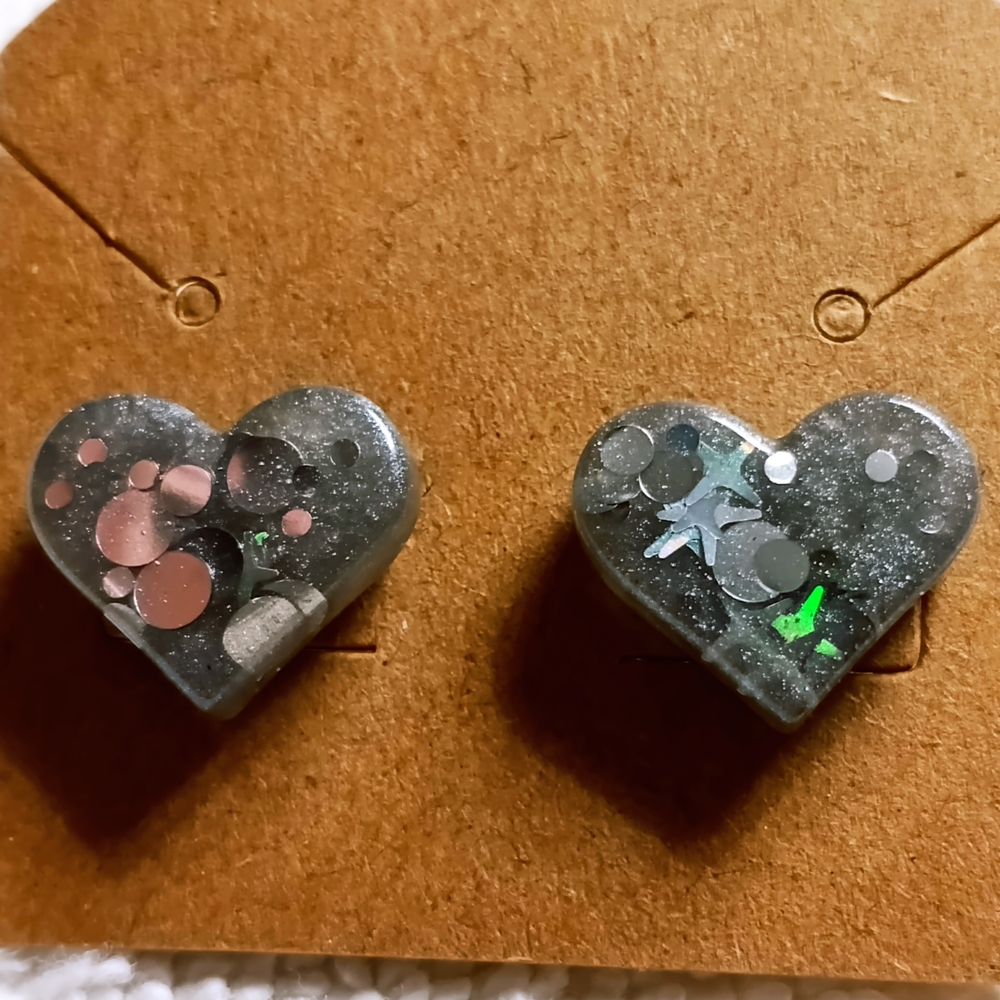 Heart Shaped Glitter Resin Stud Earrings - Black and Silver